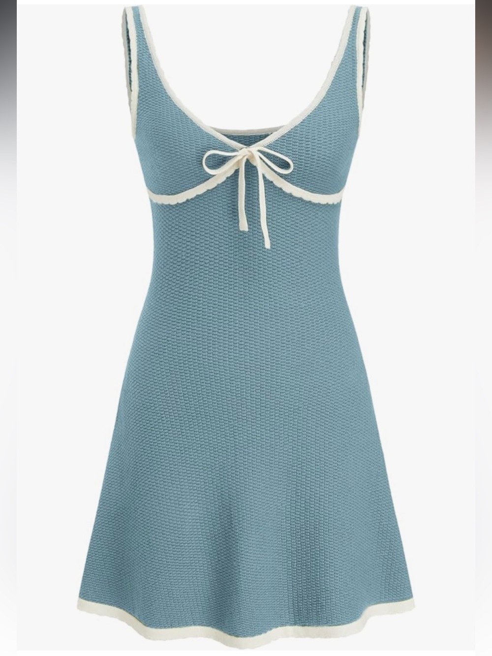 CIDER Blue Knit Mini Dress with Cream Trim and Front Tie Large